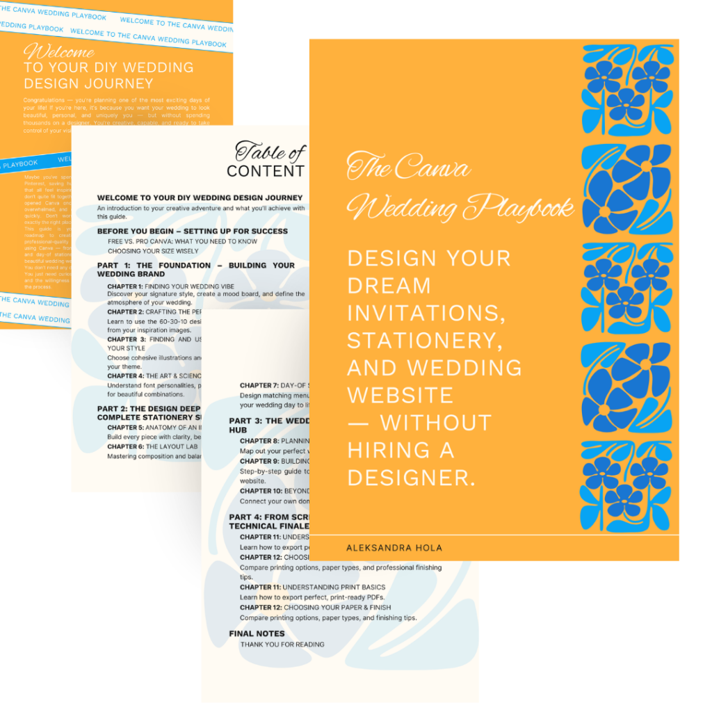 Image presents a cover, table of content and welcome pages of the ebook called The Canva Wedding Playbook